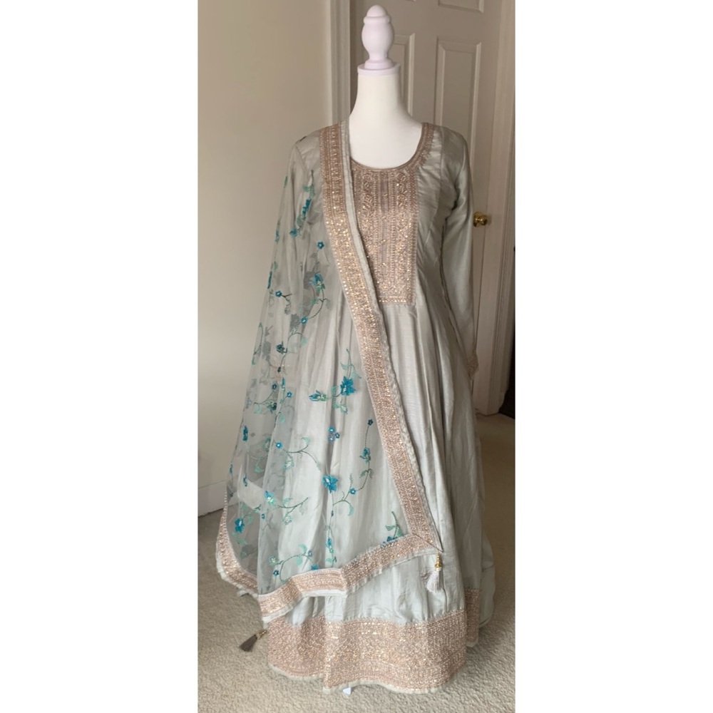 Gray and Teal Embroidered Anarkali Gown